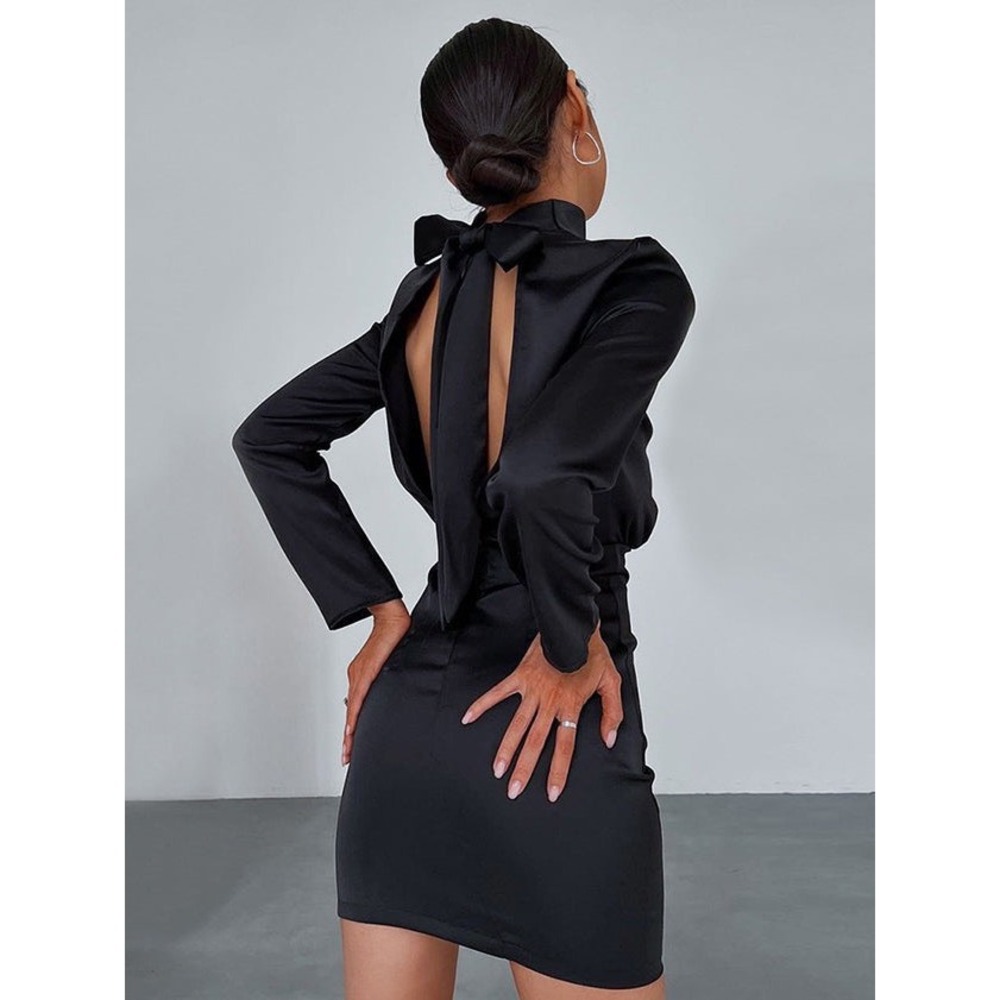 COMMENSE Satin Mock‎ Neck Tie Back Short Dress Black size XS